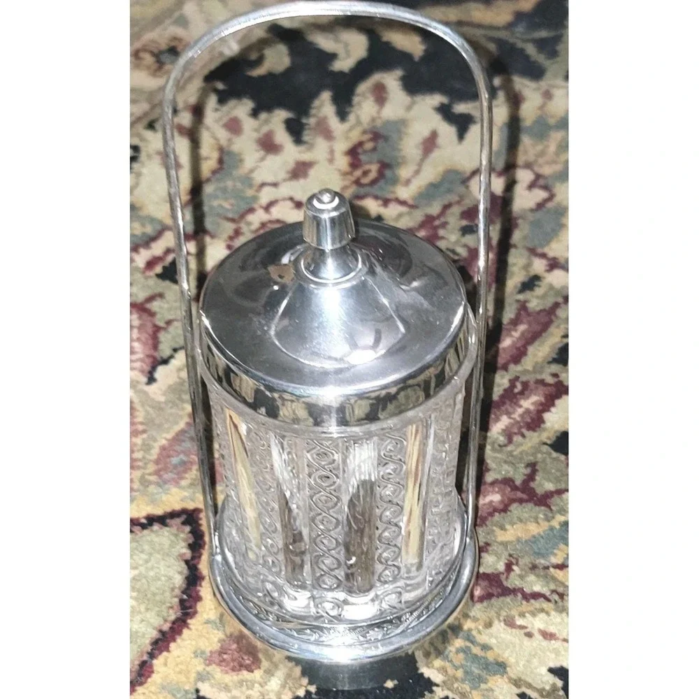 Victorian Pickle Caster Ornate Silver Plated Base Tall Handle Victorian EAPG JAR